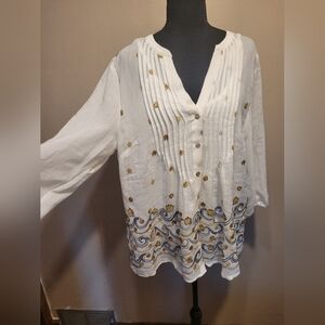 Figueroa & Flower Womens Emroidered Floral 3/4 Sleeve  Blouse Top Large